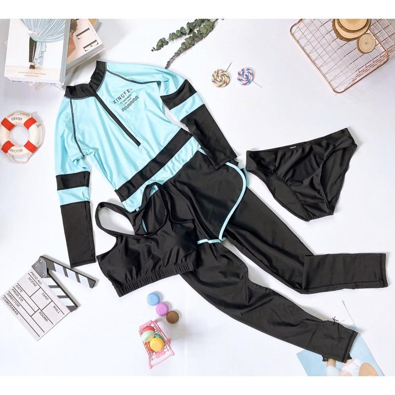 Bộ đồ bơi nữ liền mảnh dài tay quần dài xanh mint pha đen siêu đẹp