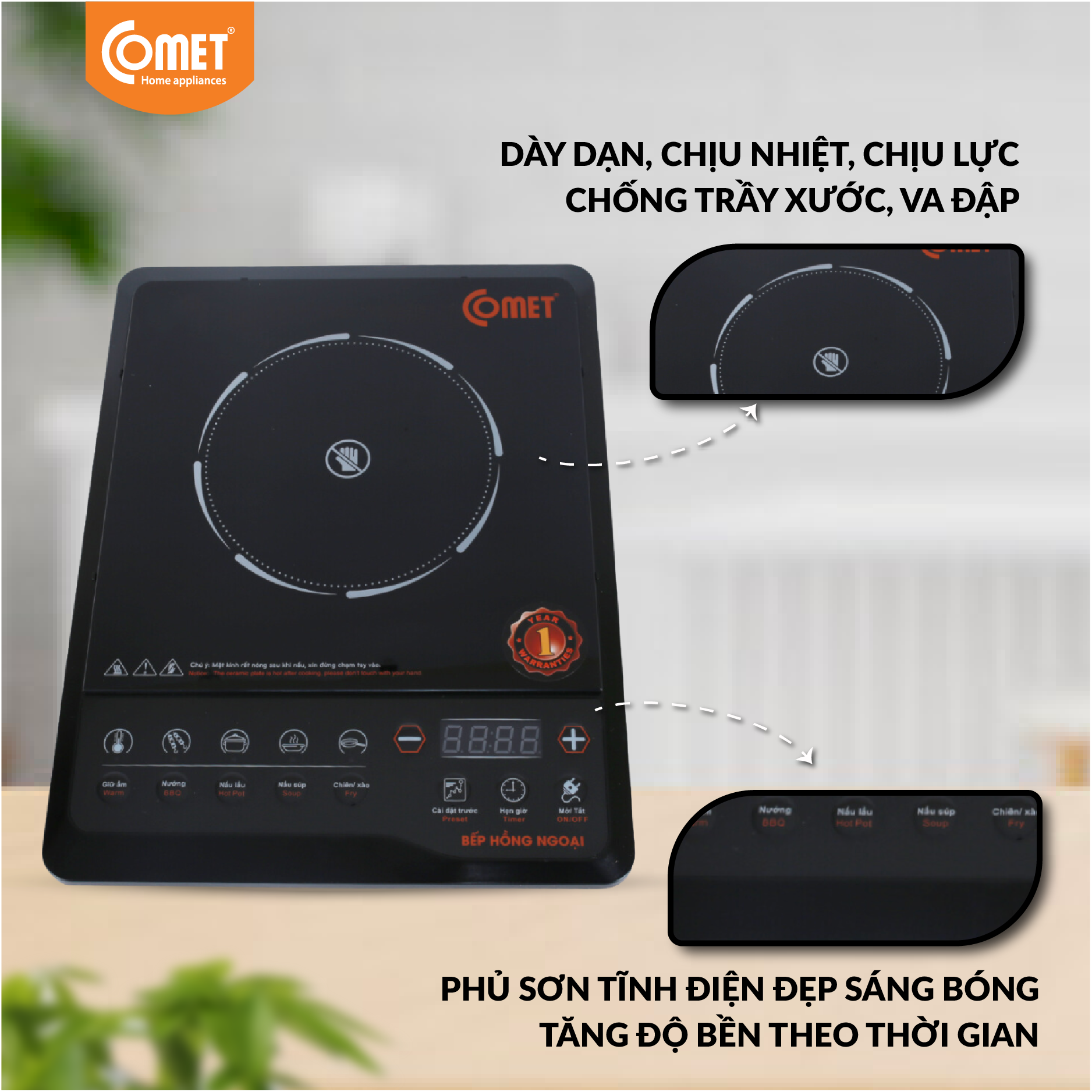 Bếp hồng ngoại Comet CM5517 – công suất 2000W, mặt kính chịu lực, đa chế độ nấu – Hàng chính hãng, bảo hành 12 tháng
