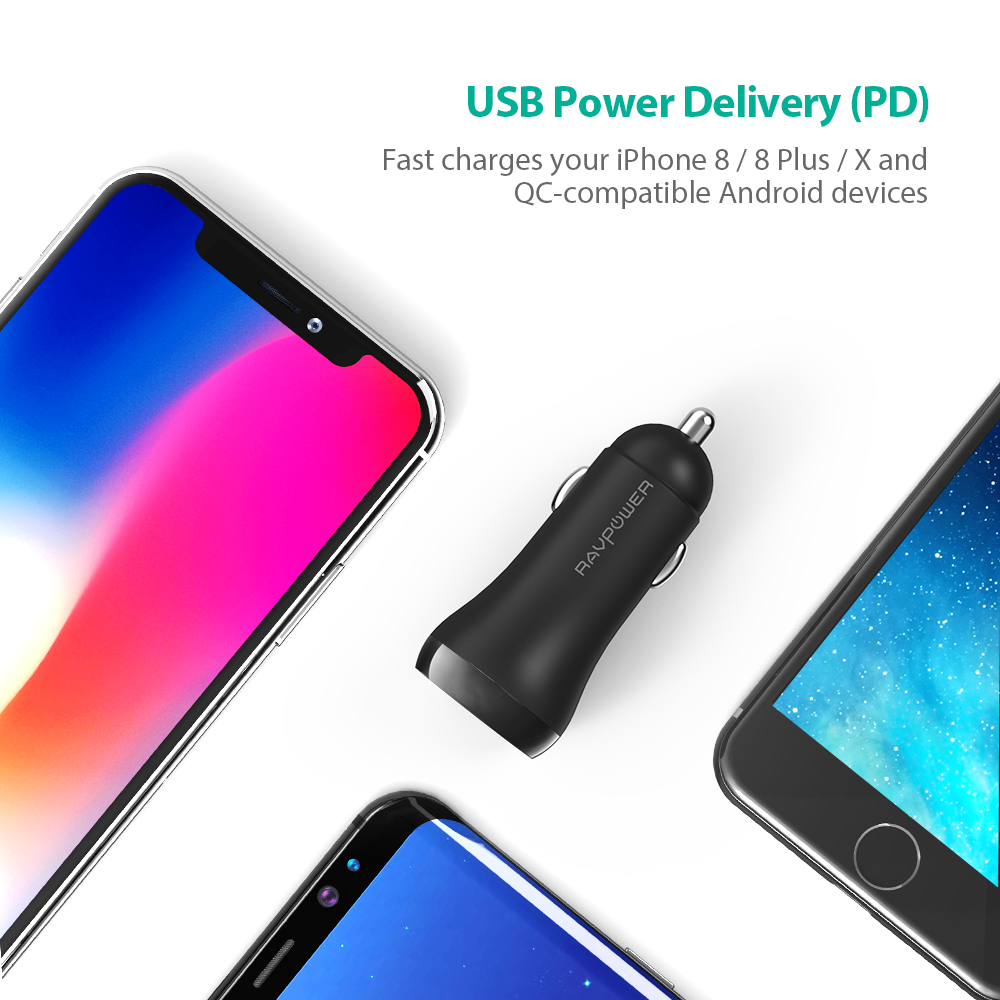 Combo Củ Sạc Ô Tô 36W PD Và QC RP-PC091 Và Cáp USB Type C to Lightning MFI C94 20W RAVPower RP-CB054 - Hàng Chính Hãng