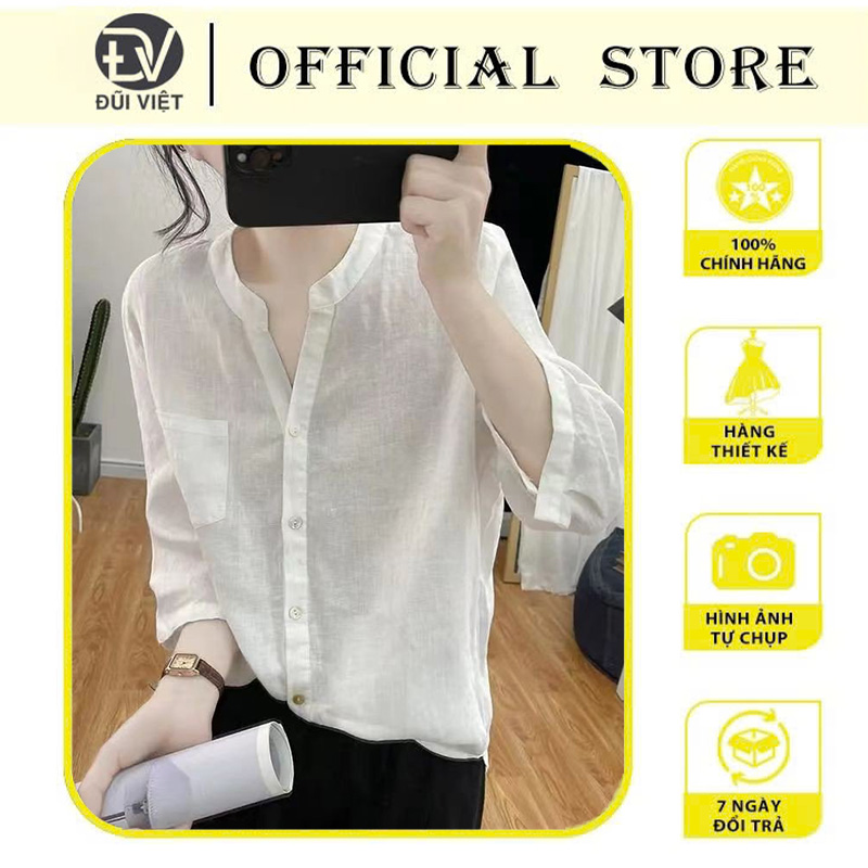 Áo sơ mi nữ dài tay thời trang Đũi Việt, áo cổ tầu thiết kế phối ren đẹp DV75