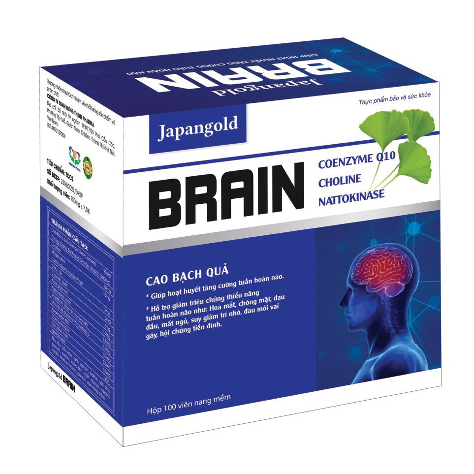 Viên bổ não Japagold BRAIN - Tăng cường tuần hoàn não, giảm đau đầu, hoa mắt, chóng mặt, mất ngủ, suy giảm trí nhớ, phòng ngừa đột quỵ - Hộp 100 viên, Hàng chính hãng