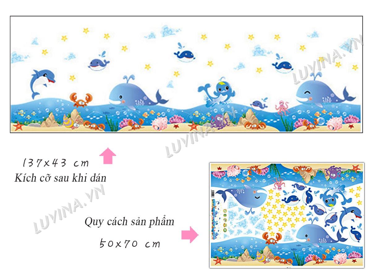 Decal dán tường Cá voi xanh và chân tường - HP342