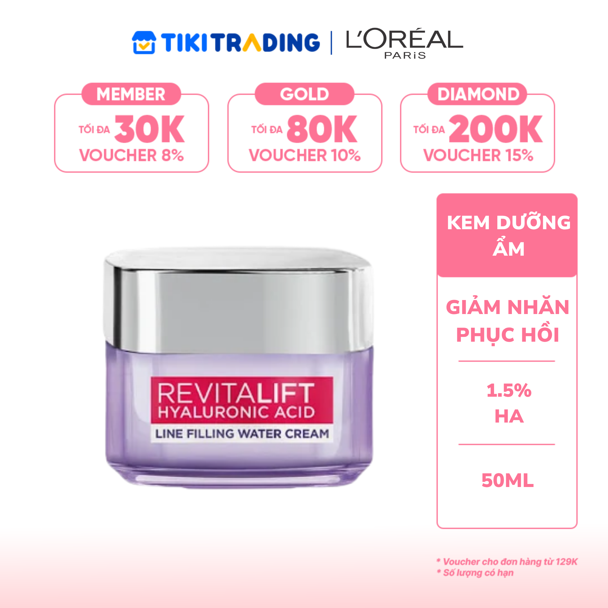 Kem dưỡng siêu cấp ẩm, giúp làm căng mượt da và giảm nếp nhăn L'Oreal Paris Revitalift 1.5% Hyaluronic Acid 50ml