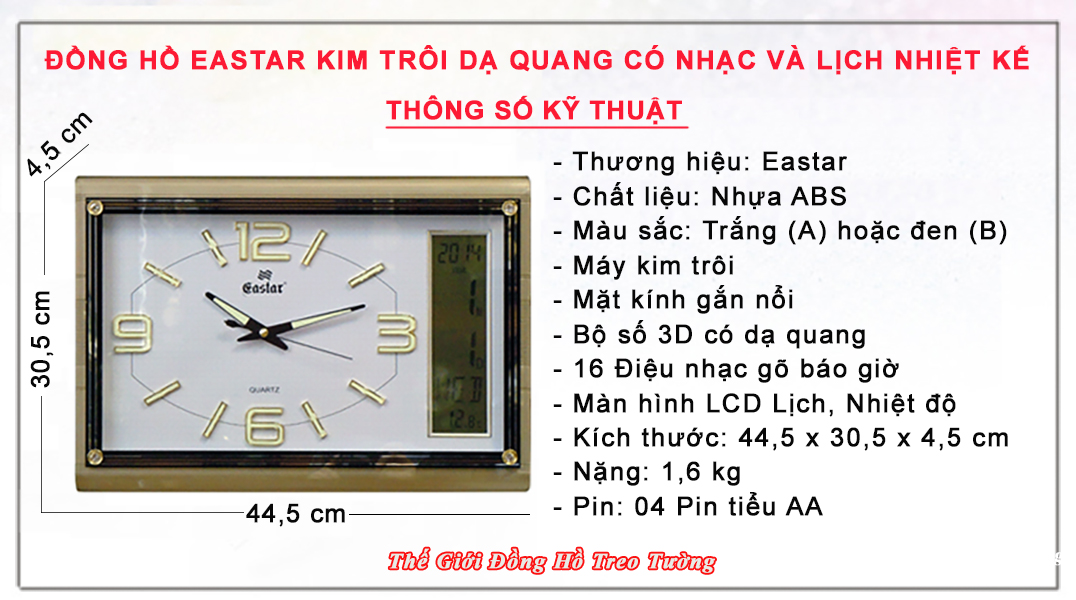 Đồng hồ EASTAR KIM TRÔI DẠ QUANG Có NHẠC GÕ Báo Giờ - LỊCH VẠN NIÊN và NHIỆT KẾ - Mặt Trắng Kim Đen DẠ QUANG - Tặng Pin Maxell