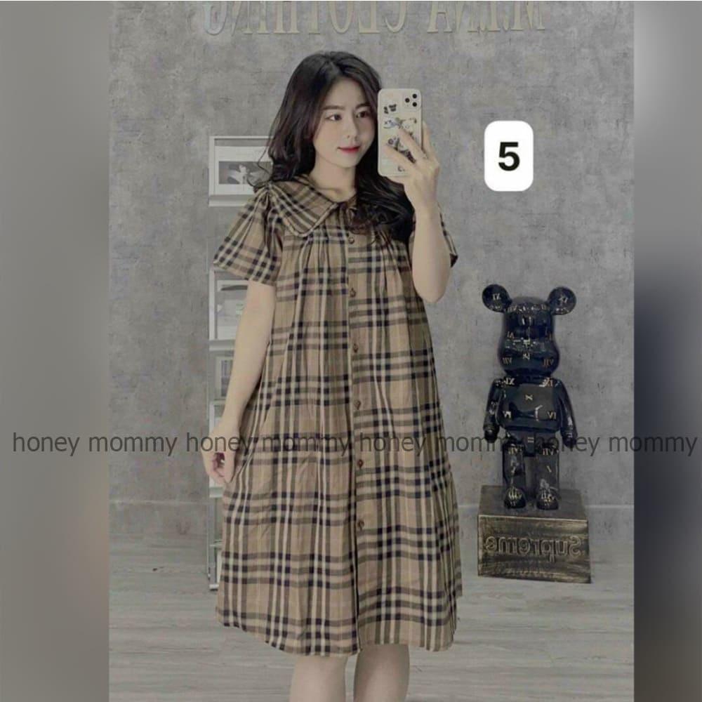 Váy Bầu Đầm Bầu Mùa Hè Kẻ Caro Nâu Cổ Sen Thiết Kế Thời Trang Xinh Xắn HD2881 Honey Mommy