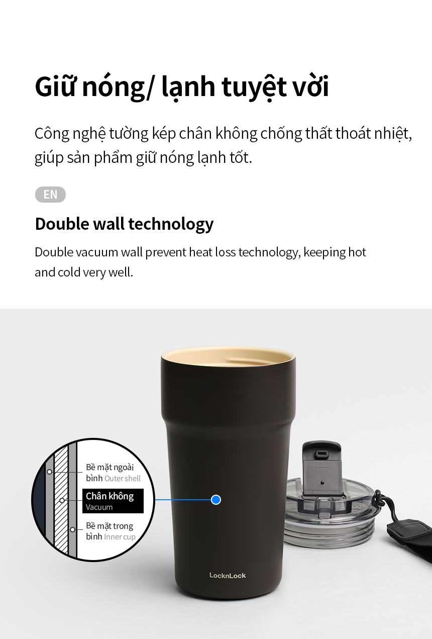 Ly giữ nhiệt 500ml LocknLock LHC4357 Metro Cafe Tumbler, Hàng chính hãng, Thép 304 không gỉ, có dây đeo tay - JoyMall