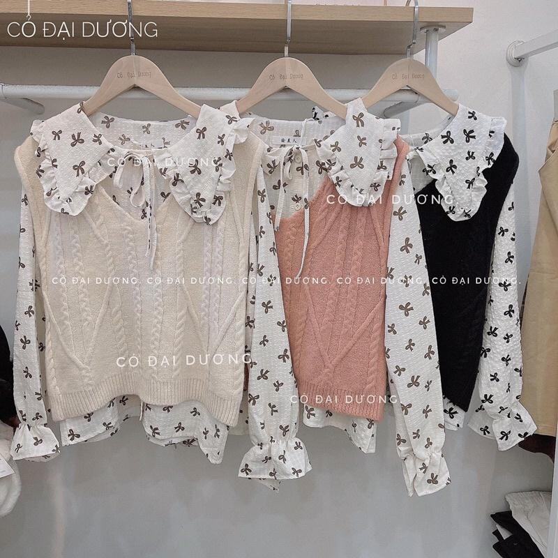 Set áo gile trơn kèm sm hoa nhí cổ nơ