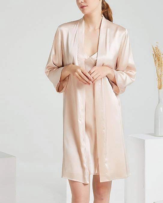 Hantu Sleepwear-Set áo choàng kèm váy ngủ lụa trơn 2 dây có đai thắt