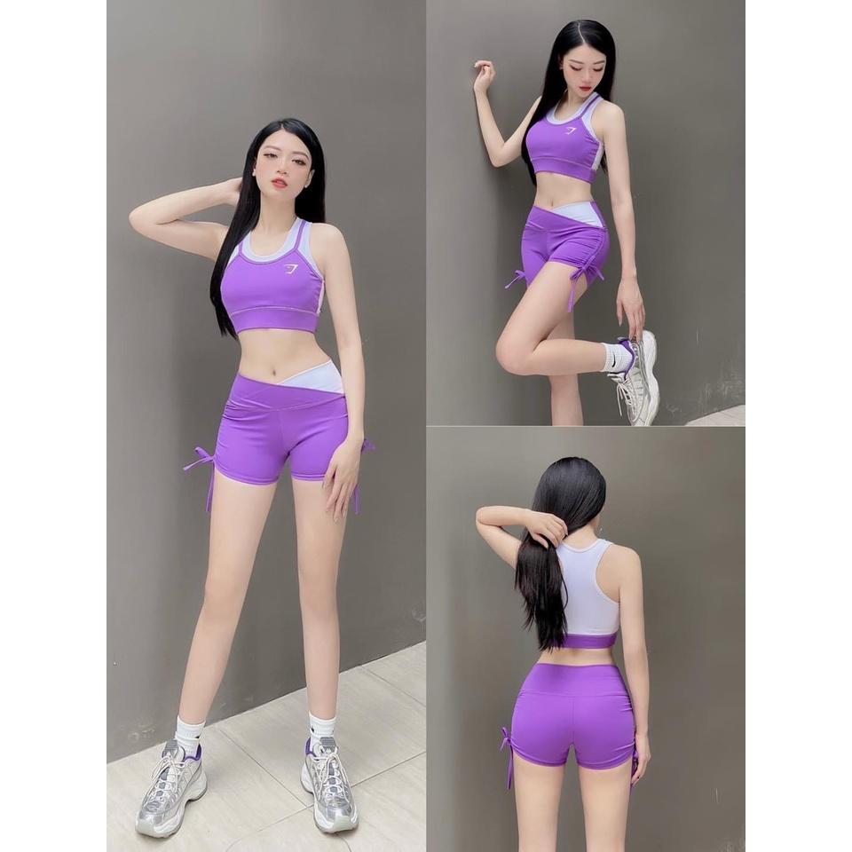Set bộ đùi thể thao tập gym yoga nữ áo bra kèm mút quần đùi cạp cao rút dây