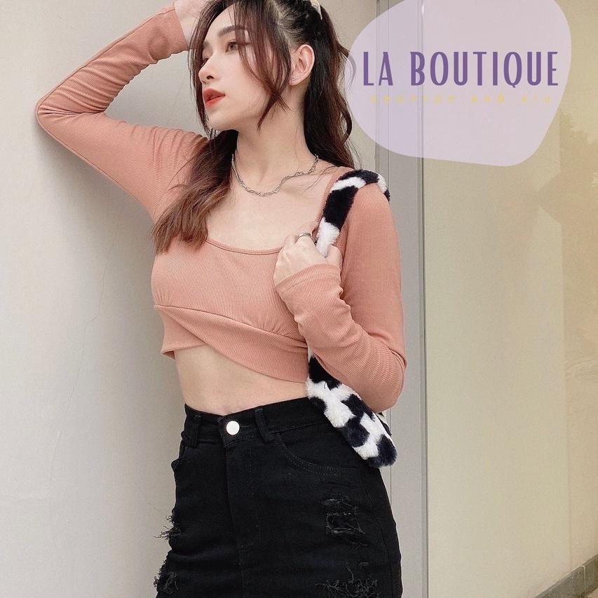 Áo Croptop Nữ Ôm Body Tay Dài Cổ Vuông Khoe Eo LA BOUTIQUE