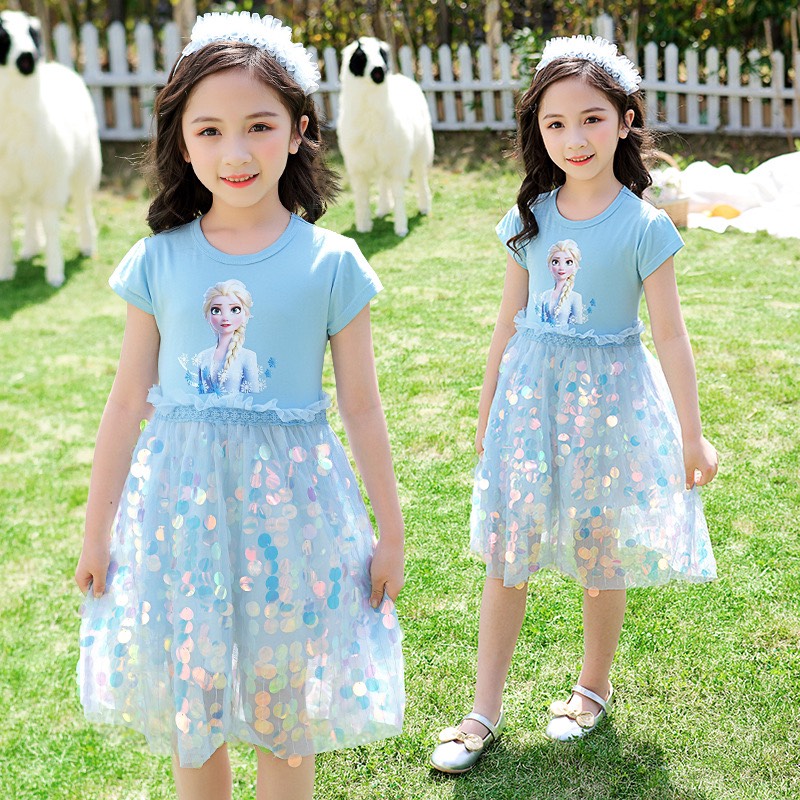 Váy công chúa bé gái cộc tay 1-9 tuổi hình elsa Chân váy đính kim sa, Đầm dự tiệc cho bé cao cấp điệu đà đáng yêu