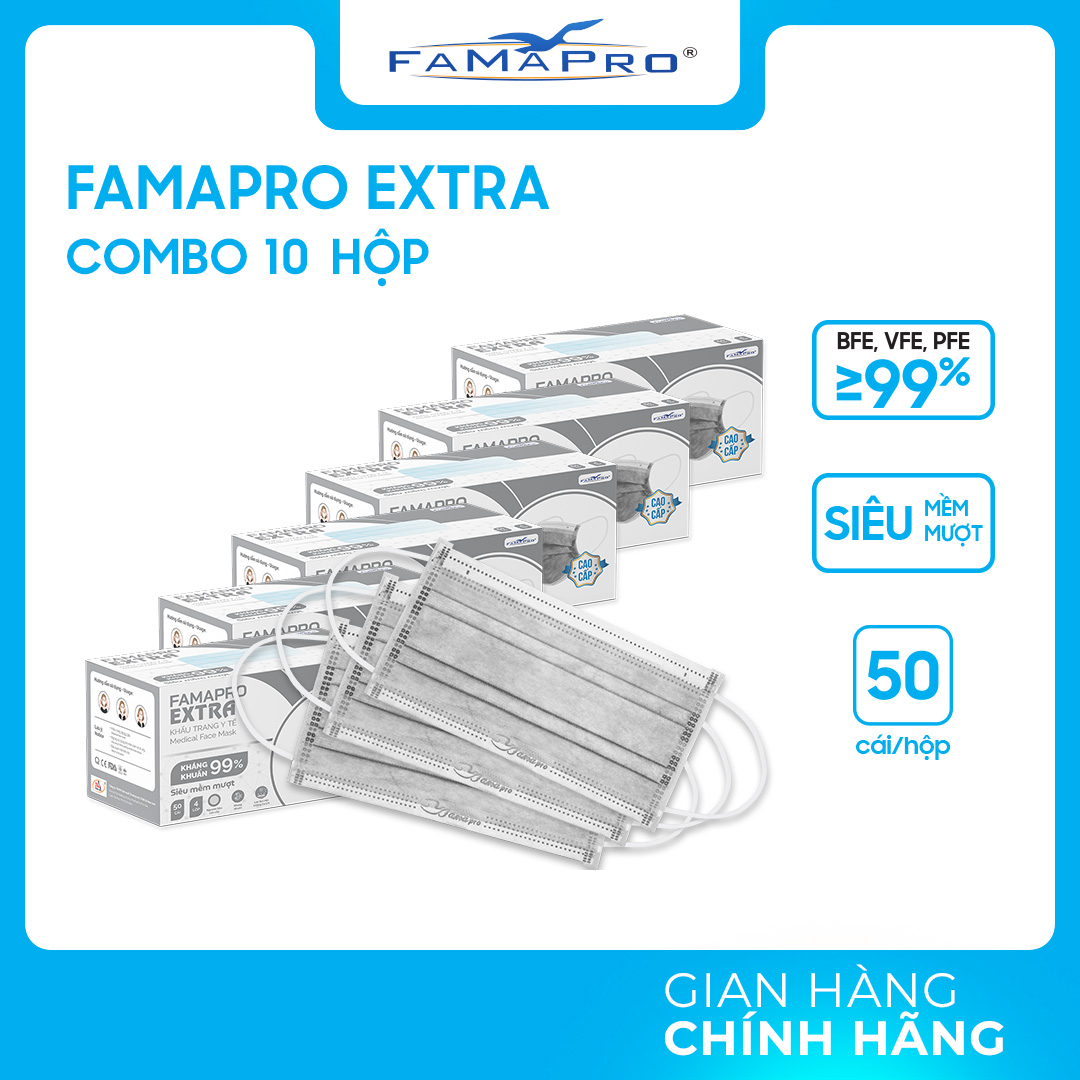 Hộp - Famapro Extra - Khẩu Trang Y Tế Kháng Khuẩn 4 Lớp Famapro Extra 50 Cái Hộp - Xám - Combo 10 Hộp