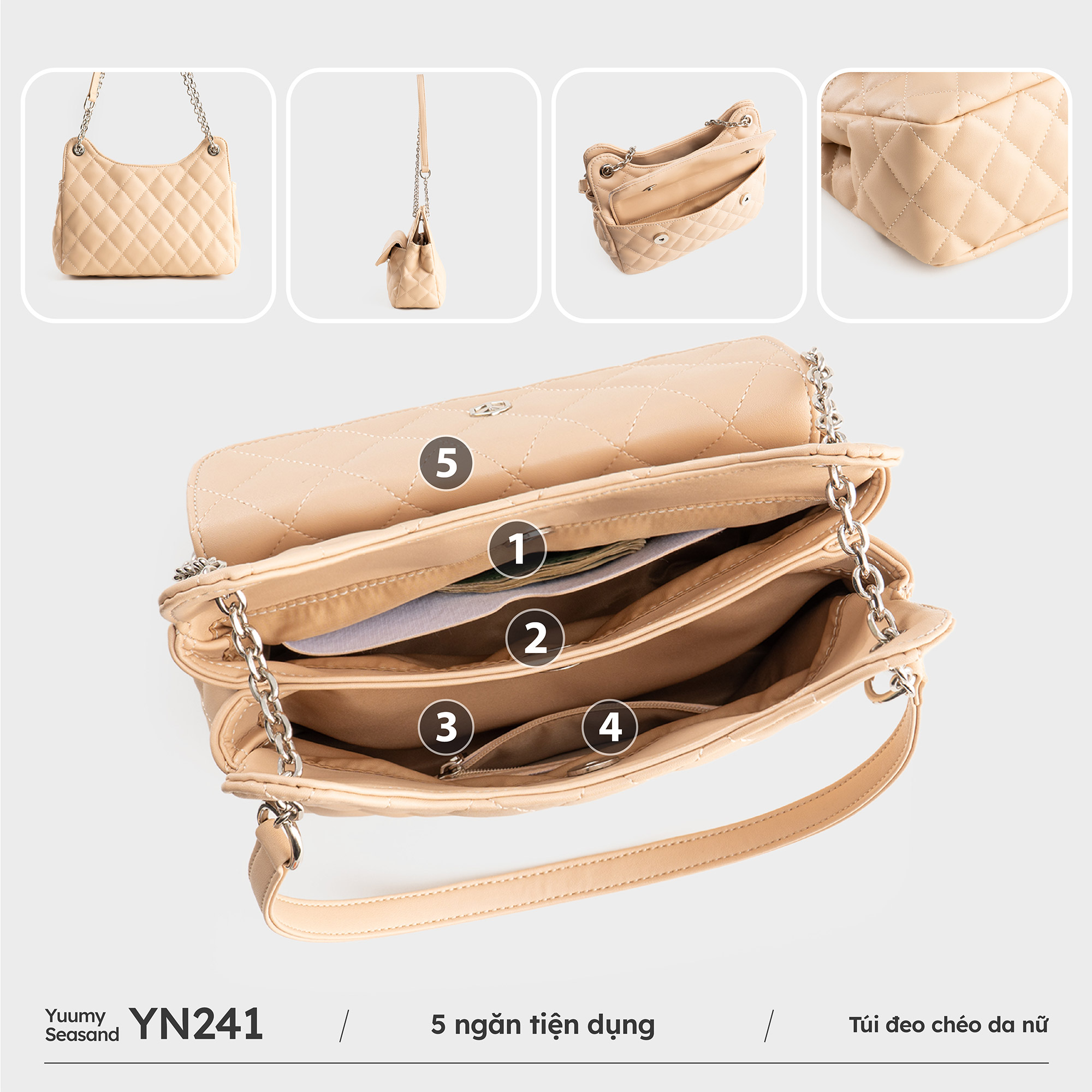Túi Yuumy ( Thời trang nữ da chần bông phối dây xích size 24 - Túi đeo chéo da Seasand YN241 )