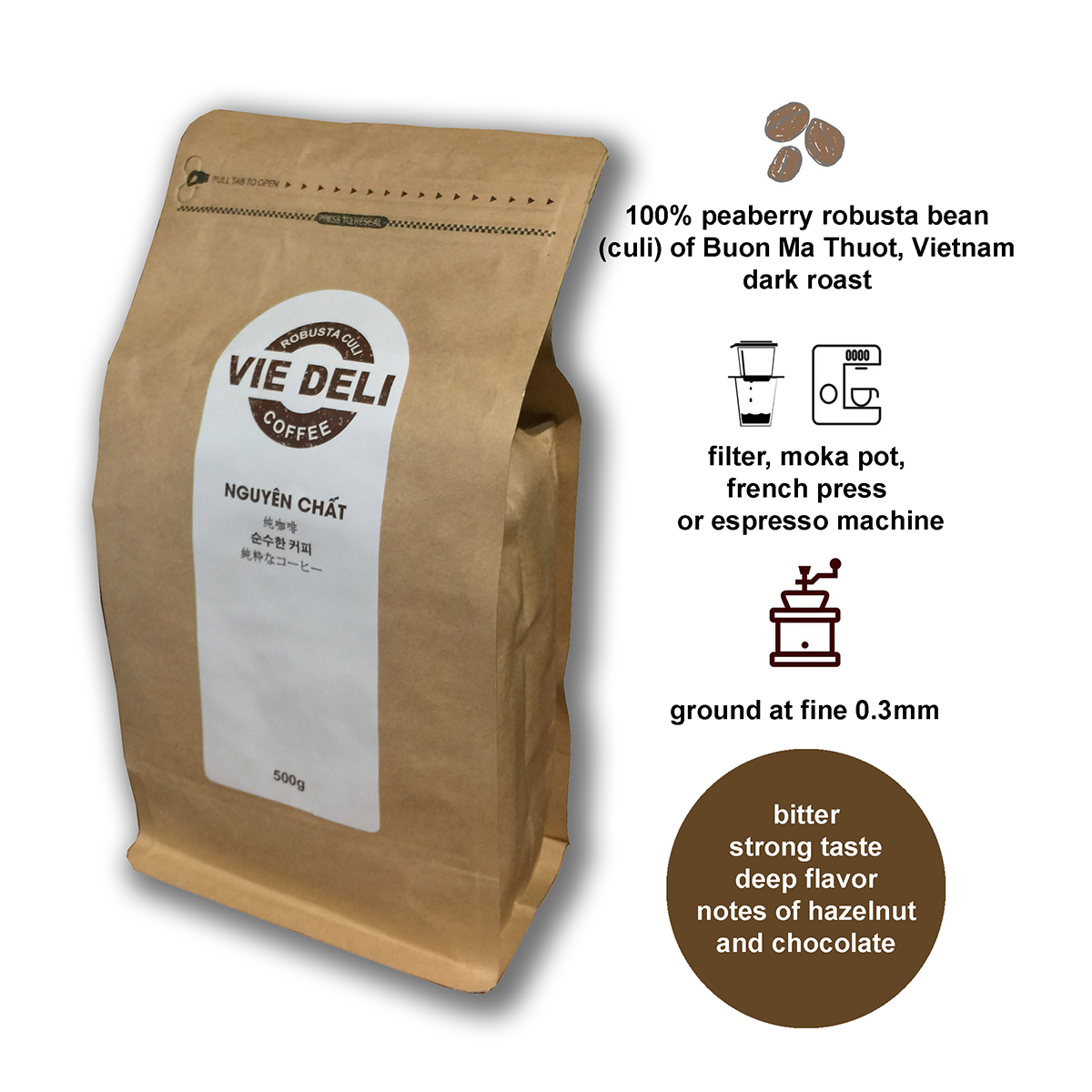 Cà phê bột Robusta Culi Viedeli, túi 500g