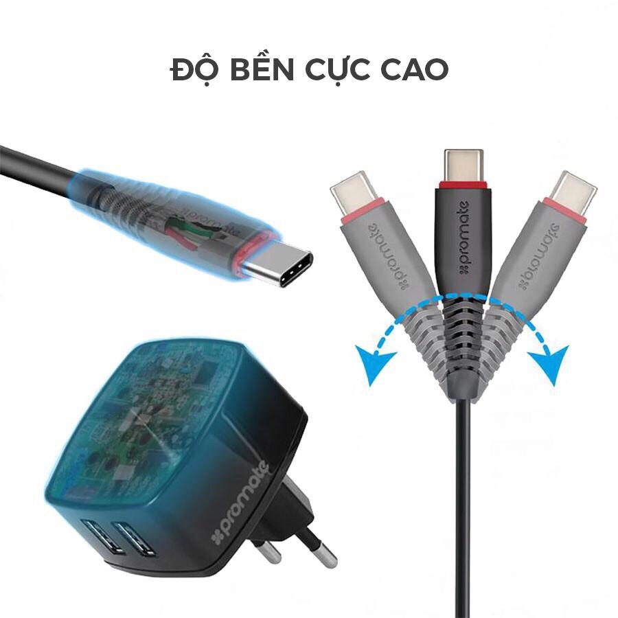 Cốc Sạc Promate Flexcharge.Eu Cốc 2 Cổng Usb Kèm Dây 3-In-1 Dài 1.2M Chuẩn Eu - Hàng Chính Hãng