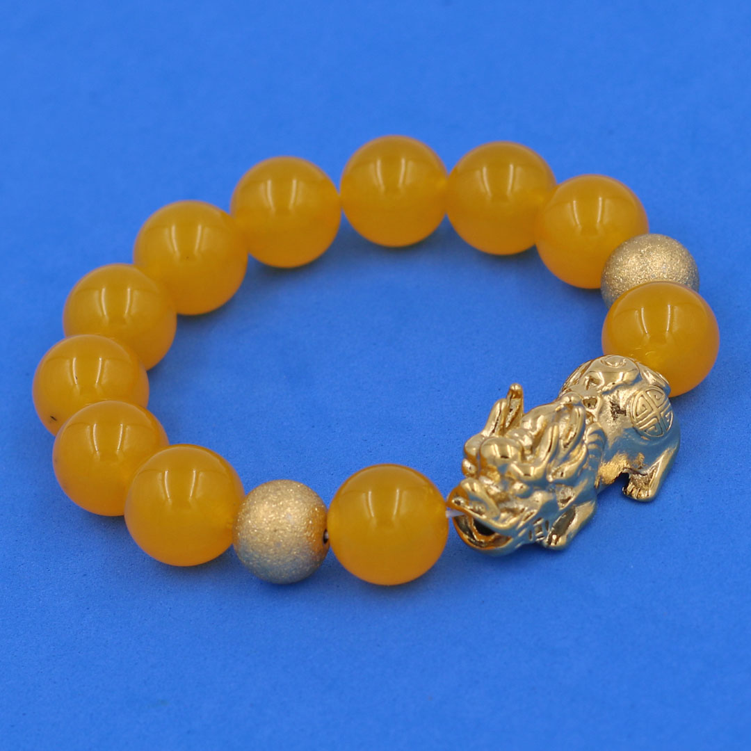 Vòng chuỗi đeo tay đá thạch anh vàng 14 ly ( size lớn ) charm tỳ hưu và bi inox vàng, vòng tay chuỗi hạt
