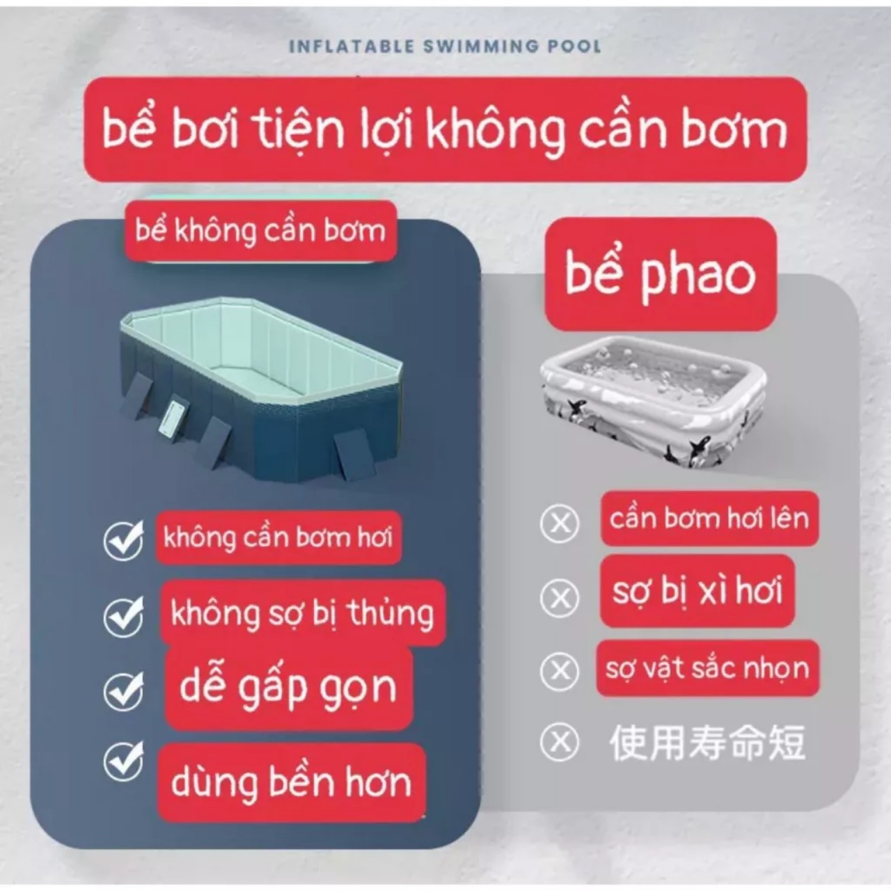 Bể bơi không cần bơm, có thể gấp gọn dễ dàng tiết kiệm diện tích phù hợp cho cả gia đình