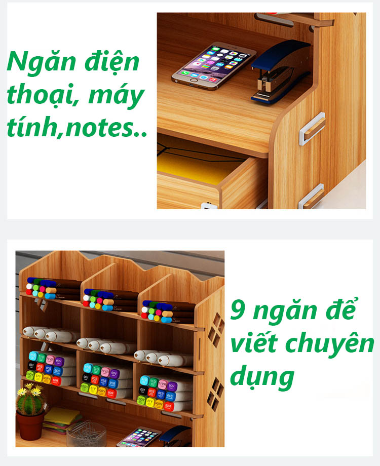 Hộp bút để bàn kệ đựng bút bằng gỗ HV10 - Tặng giá để điện thoại hình con thỏ bằng gỗ màu ngẫu nhiên