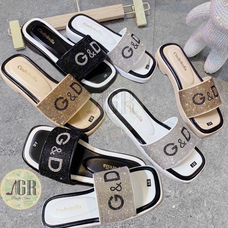 Dép xuồng ngang đính đá GD da mềm cao 3 cm