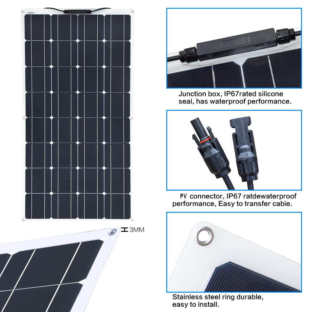 200W 100W Mono Tấm năng lượng mặt trời linh hoạt Mô-đun bộ điều khiển năng lượng mặt trời 20A/10A cho xe RV Thuyền Nhà Mái nhà Van Cắm trại Pin năng lượng mặt trời 12V 24V Màu sắc: 200w