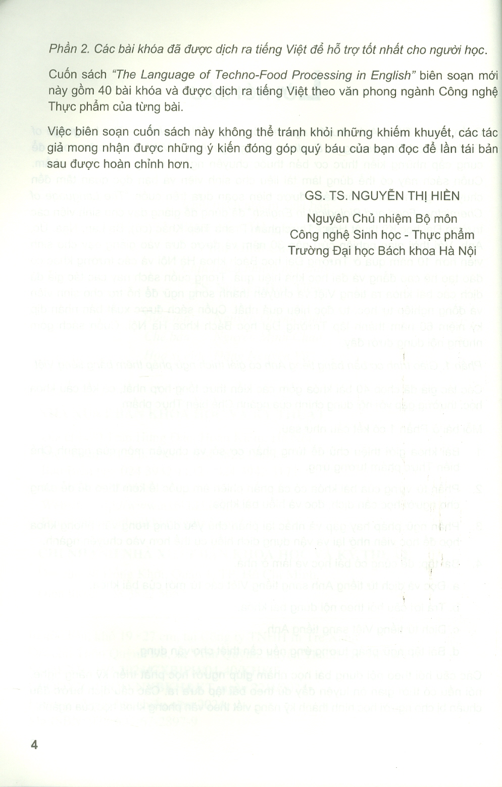 Tiếng Anh Chuyên Ngành Công Nghệ Thực Phẩm (Song Ngữ Anh - Việt ) - GS. TS. Nguyễn Thị Hiền chủ biên, ThS. Lê Thị Lan Chi, TS. Từ Việt Phú, PGS. TS. Lương Hồng Nga