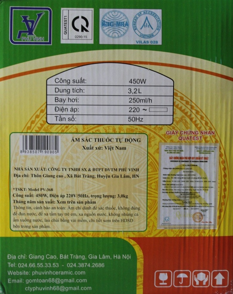 Ấm Siêu Sắc Thuốc Điện Tự Động Gốm Bát Tràng Bảo Long Phú Vinh Cao Cấp PV-386H (3,2 lít) - Màu Ngẫu Nhiên - Hàng Chính Hãng