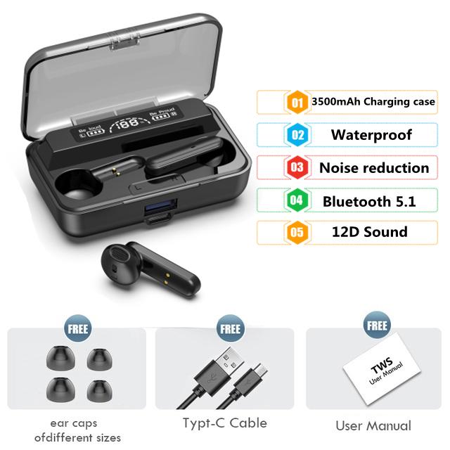Mới Không Dây Tai Nghe TWS Bluetooth 5.1 Stereo Thể Thao Chống Thấm Nước Tai Nghe Có Đèn LED Hiển Thị Kỹ Thuật Số