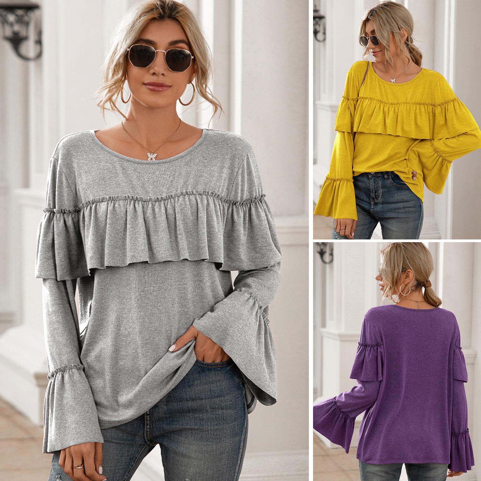 Women Long Flare Sleeve Shirt Ruffles O-Neck Pullover Casual Loose Fit Solid Tops