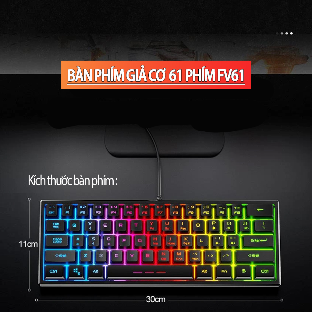 VINETTEAM Bàn Phím Chơi Game Mini 61 Phím Nhỏ Gọn Led Rainbow Đổi Màu Với 3 Chế Độ Led - Hàng Chính Hãng