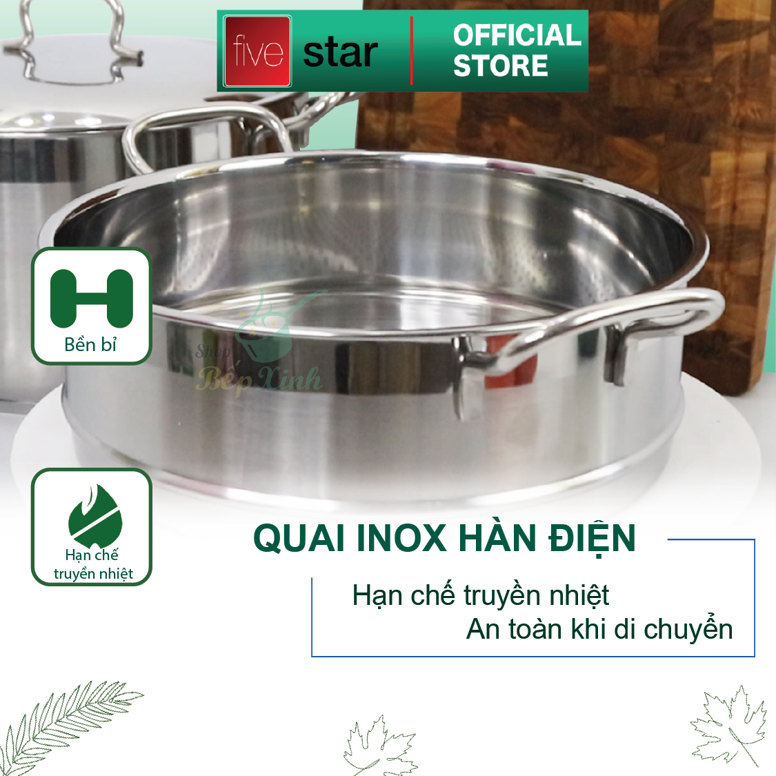 Bộ xửng hấp 3 đáy inox 430 FiveStar Standard bếp từ nắp kính tặng 10 muỗng ăn