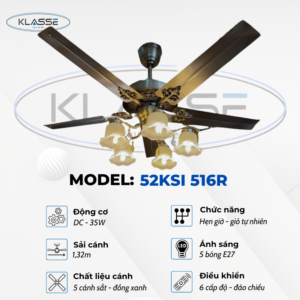 Quạt trần chùm đèn Klasse 52KSI 516R hàng chính hãng