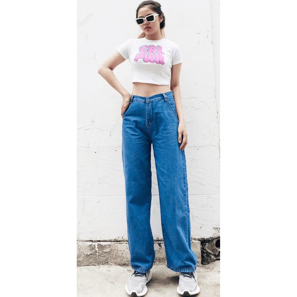 Quần Jeans Nữ Ống Rộng Lưng Cao Túi Xéo Dáng Suông