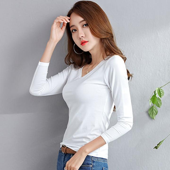 Áo cổ tim, Áo cổ V nữ KING Dáng dài tay, vải cotton co giãn 4 chiều W06