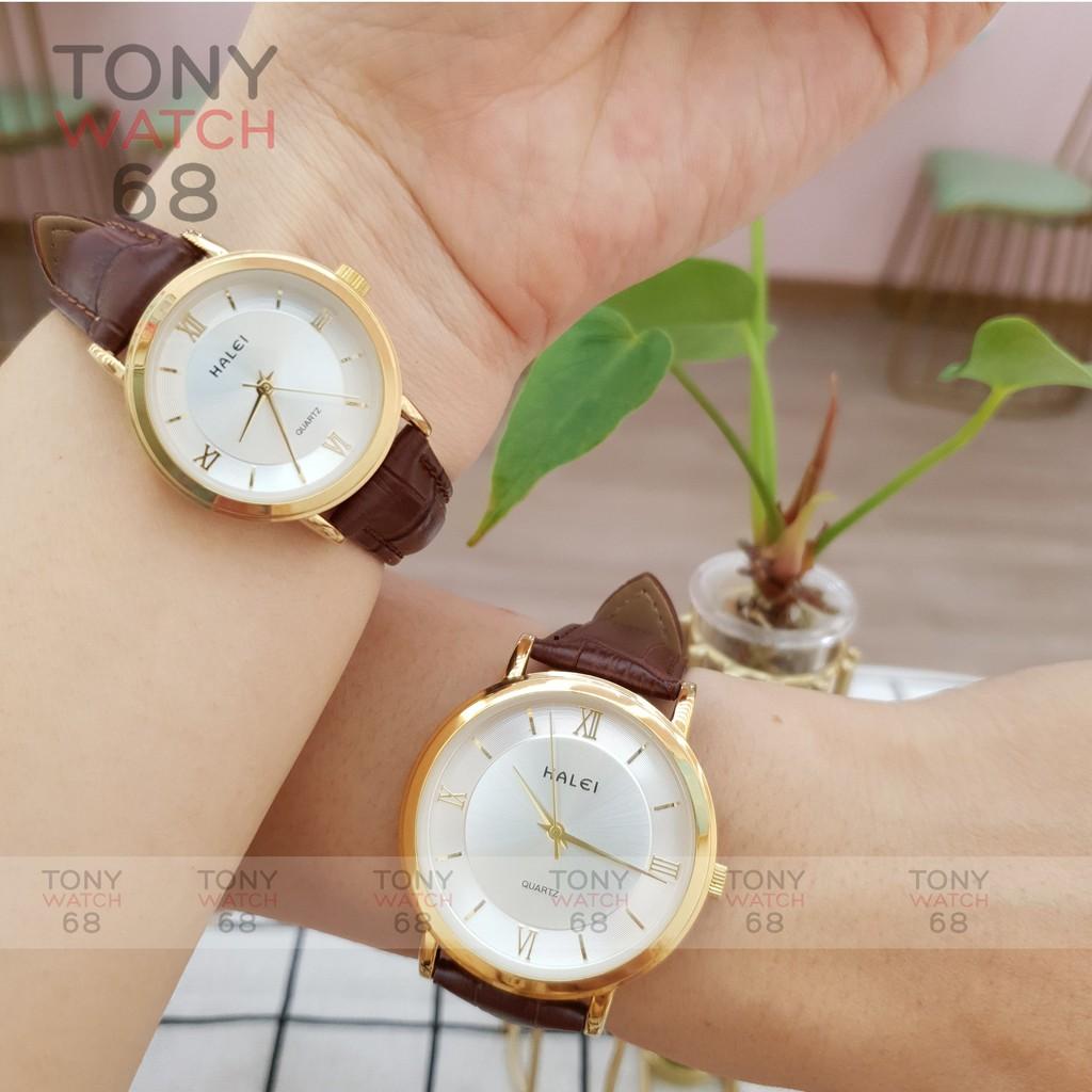 Đồng Hồ Nam Dây Da Nâu Mặt Trắng Viền Vàng Halei Chính Hãng Tony Watch 68