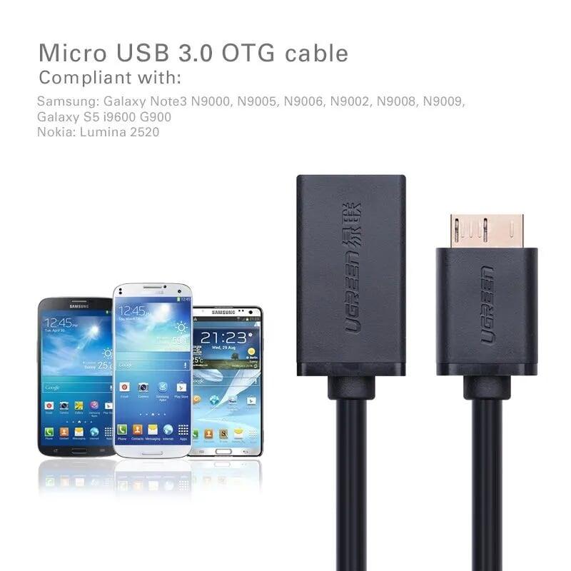 Ugreen UG10816US127TK 20CM màu Đen Cáp MICRO USB 3.0 OTG sang USB 3.0 đầu mạ vàng - HÀNG CHÍNH HÃNG