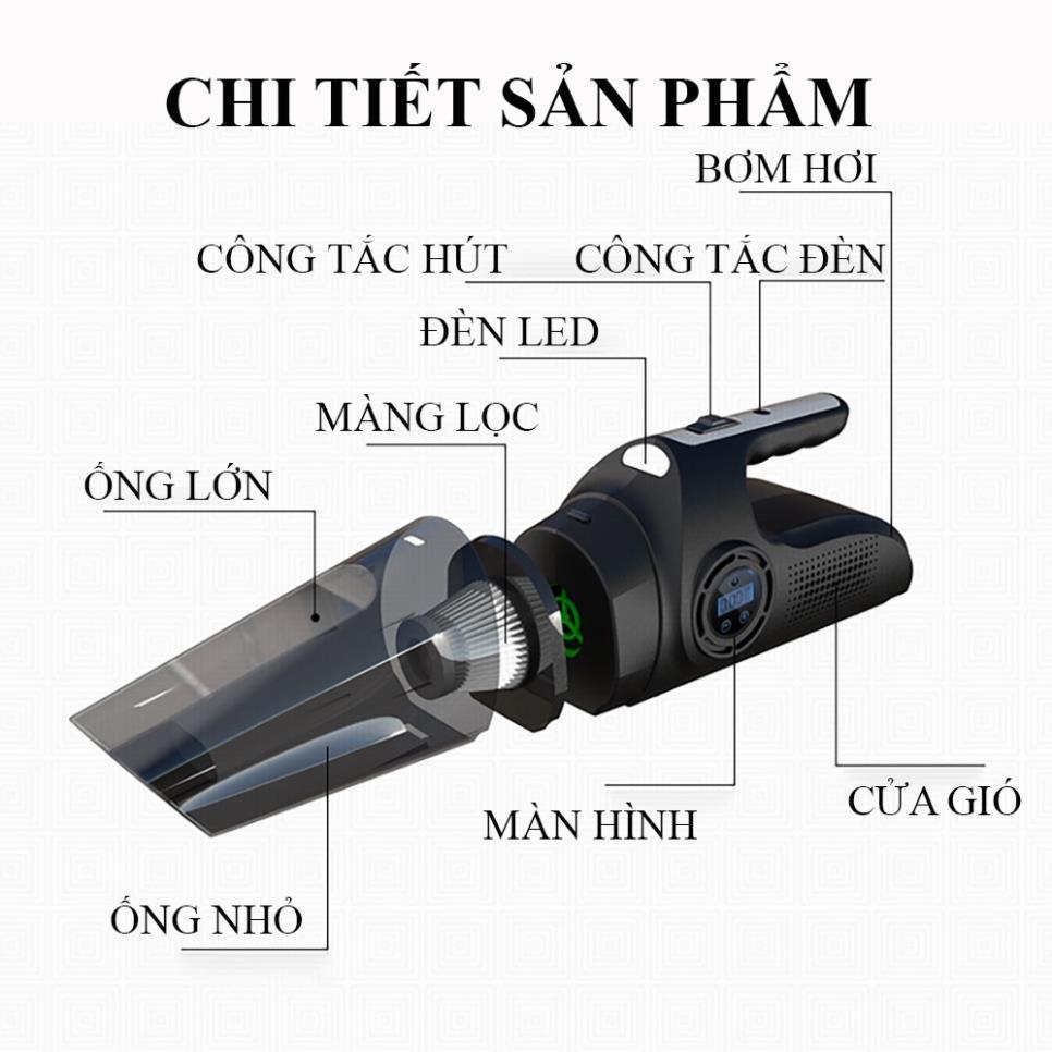 Máy Hút Bụi Ô Tô Đa Năng 4 Công Dụng Trong 1 Chính Hãng - Hút Bụi, Bơm Hơi, Đo Áp Suất Lốp Và Chiếu Sáng