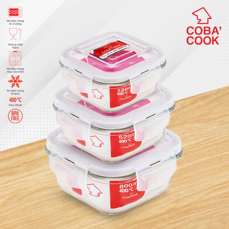 Bộ 3 hộp đựng cơm trữ thức ăn thực phẩm trong tủ lạnh thủy tinh chịu nhiệt COBACOOK hình vuông- CCS3S5S83