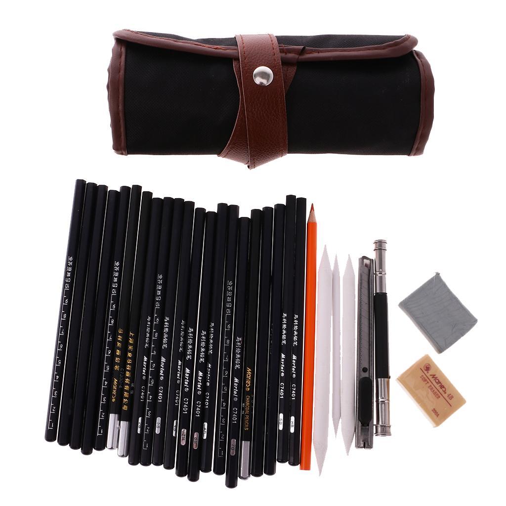 Set of 30 Sketch Pencil Charcoal Pencil Eraser Paper Pen Artists Drawing Art Kit with Bag