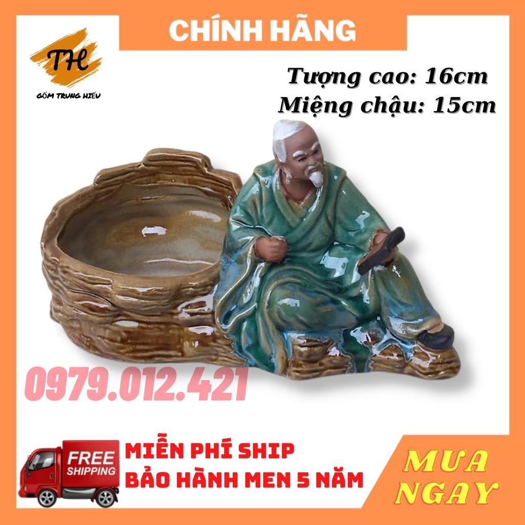 Tượng Ông lão đọc sách gốm Bát Tràng trồng cây bonsai tiểu cảnh đẹp