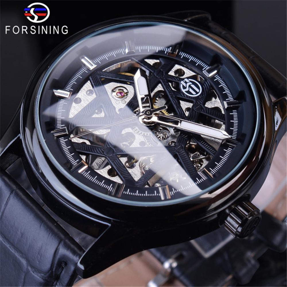 Đồng hồ đeo tay thời trang Forsining Hollow Skeleton Nam,dây đeo tay bằng da PU sang trọng