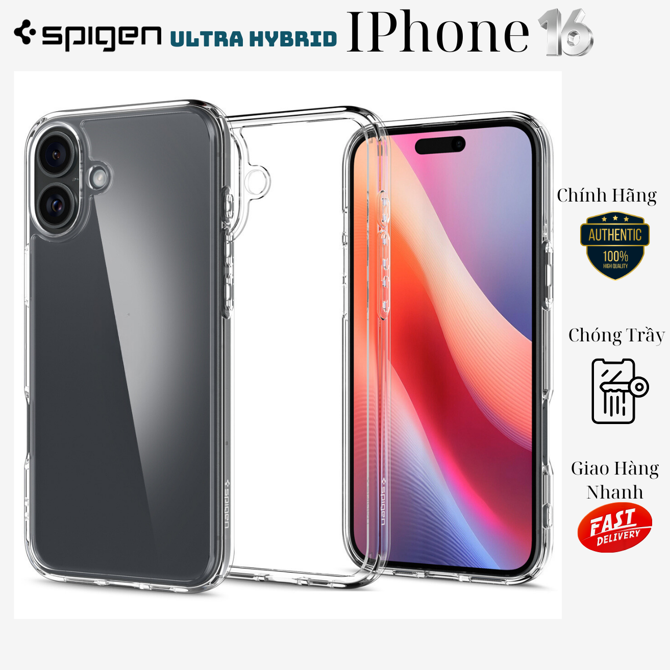 Ốp Lưng cho iPhone 16 Pro Max / 16 Pro / 16 Plus / 16, SPIGEN ULTRA HYBRID CRYSTAL, Trong Suốt Chống Ố Vàng Chống Sốc_ Hàng chính hãng