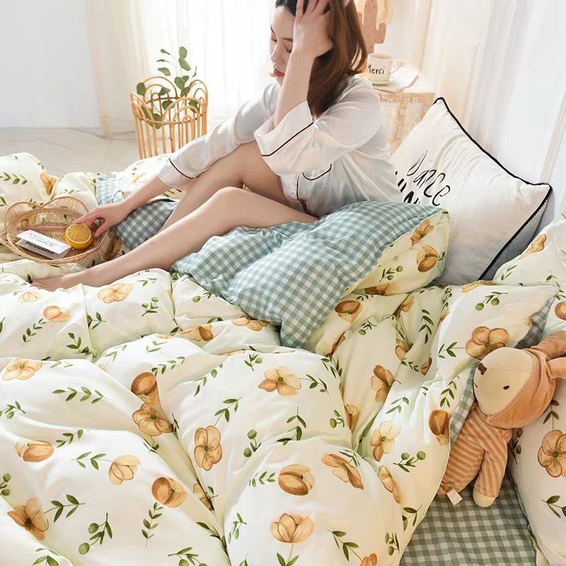Bộ chăn ga gối cotton PL1 - Hoa Nâu - TẶNG 01 MÓC KHÓA HOUSTON