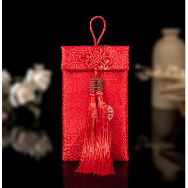 Phong Bì Đỏ Thổ Cẩm thêu Hoa vải gấm Song Hỷ Cưới Hỏi-Nạp tài,Quà tặng năm mới.