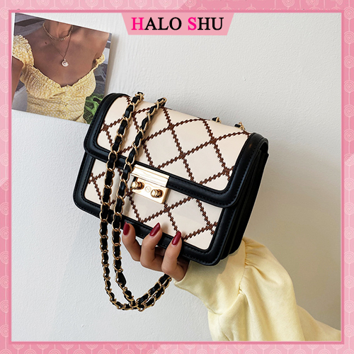 Túi xách nữ, túi đeo chéo dây phối xích, họa tiết thêu trám cao cấp HALO SHU mã DC003