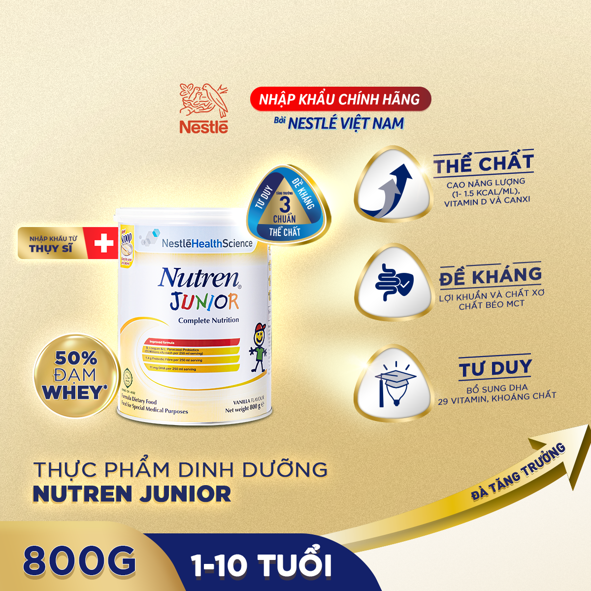 Thực phẩm dinh dưỡng Nutren Junior Thụy Sĩ hỗ trợ tăng cân tiêu hóa tốt cho trẻ từ 1 đến 10 tuổi 800g