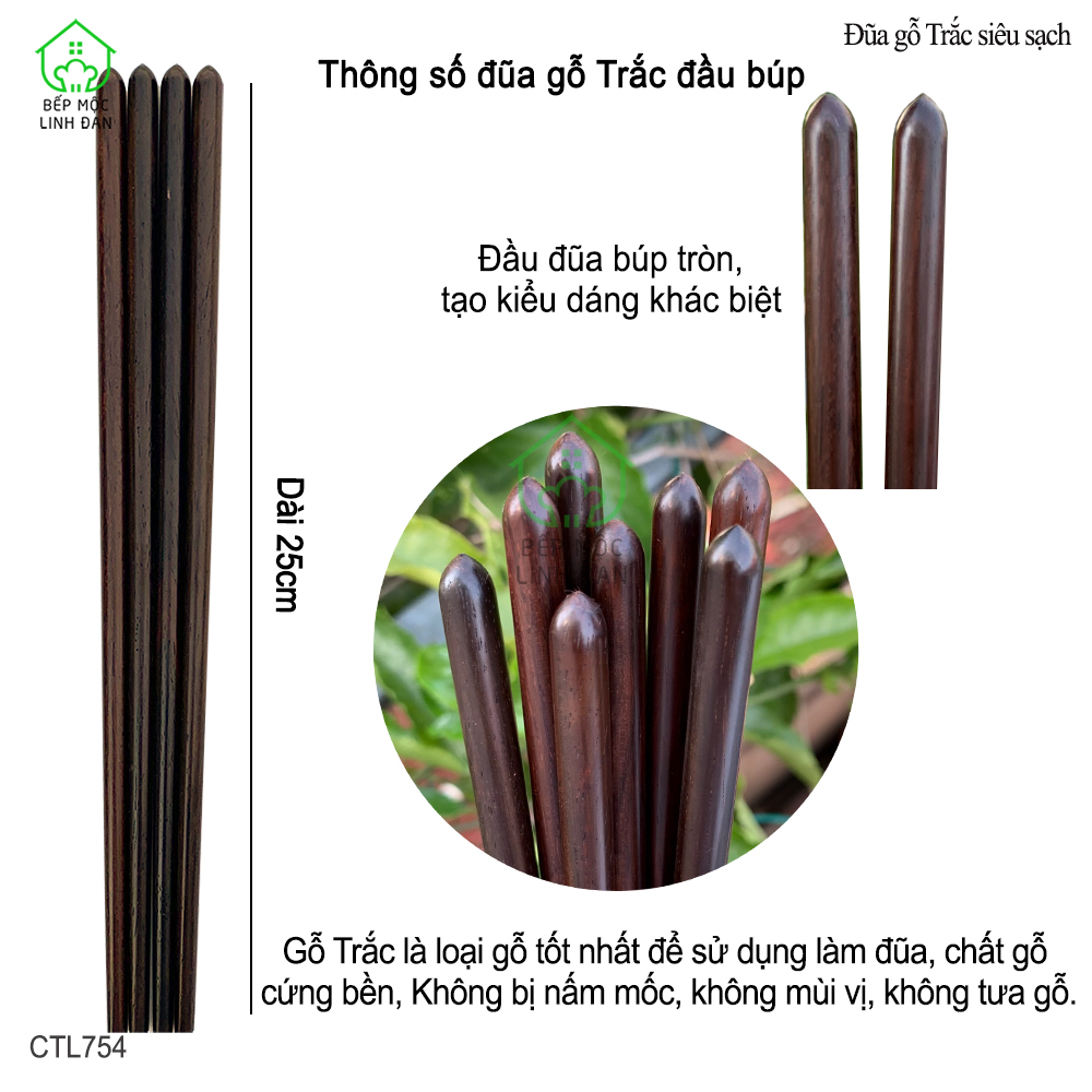 Đũa Gỗ Trắc Tự Nhiên Siêu Sạch HAHANCO Đầu Búp Cách Điệu Bộ 10 Đôi