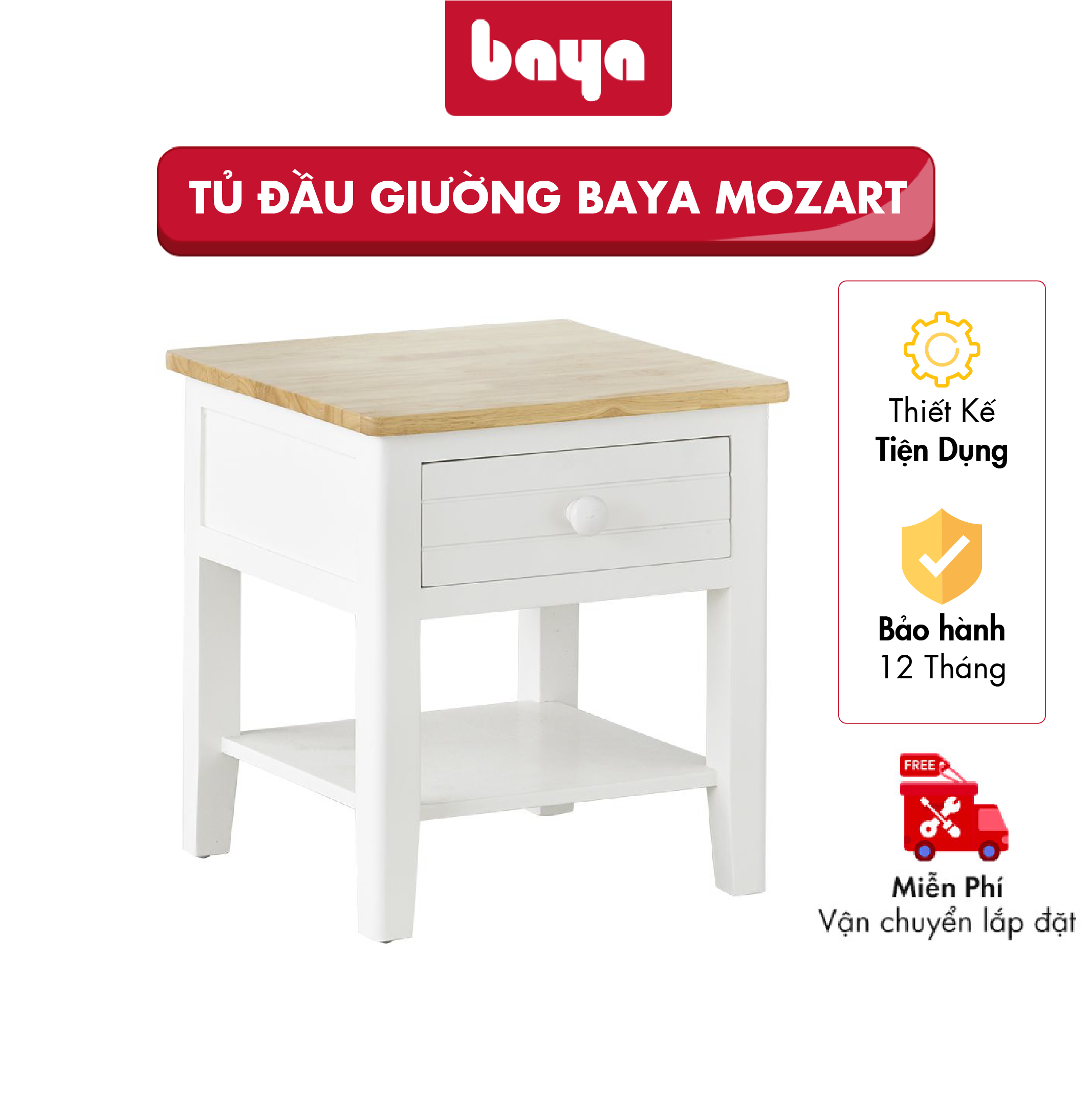 Tủ Đầu Giường BAYA MOZART Thiết Kế Tinh Tế, Trang Nhã, Gồm 1 Ngăn Kéo Nhỏ, Mặt Tủ Chế Tác Từ Gỗ Cao Su Bền Đẹp, Mang Đến Vẻ Đẹp Tự Nhiên Cho Phòng Ngủ 1048537