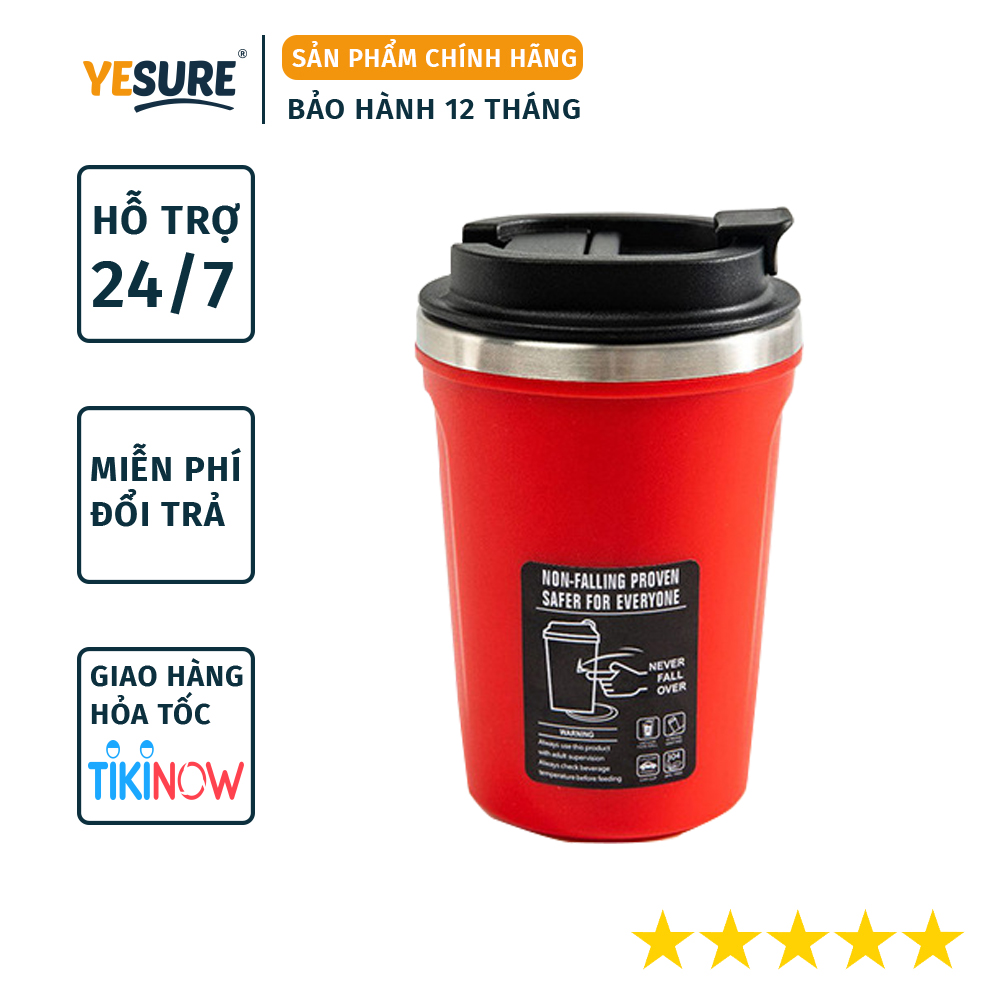Bình Nước Giữ Nhiệt Trà Cafe Chống Đổ Thông Minh , Vỏ Nhựa , Chất Liệu Cách Nhiệt Inox 304 Cao Cấp , Kiểu Dáng Tinh Tế Năng Động Yesure 380Ml - Đỏ