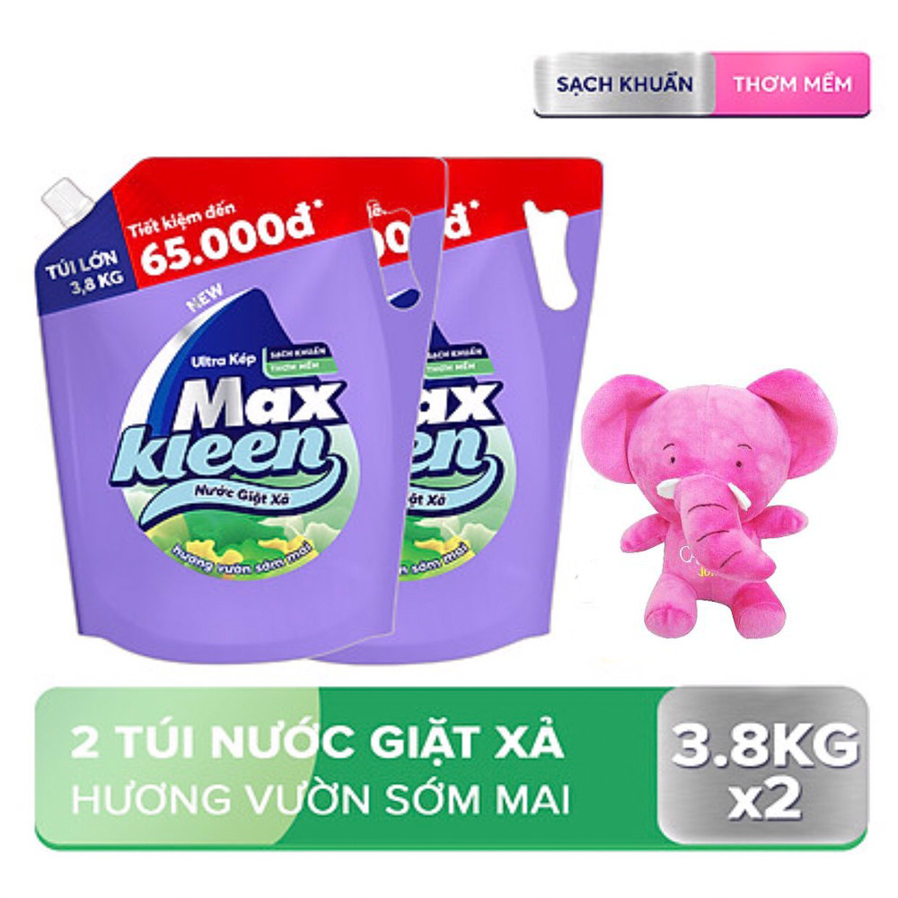 Combo 2 túi nước giặt xả Maxkleen hương Vườn Sớm Mai 3.8kg/túi Tặng Voi Bông