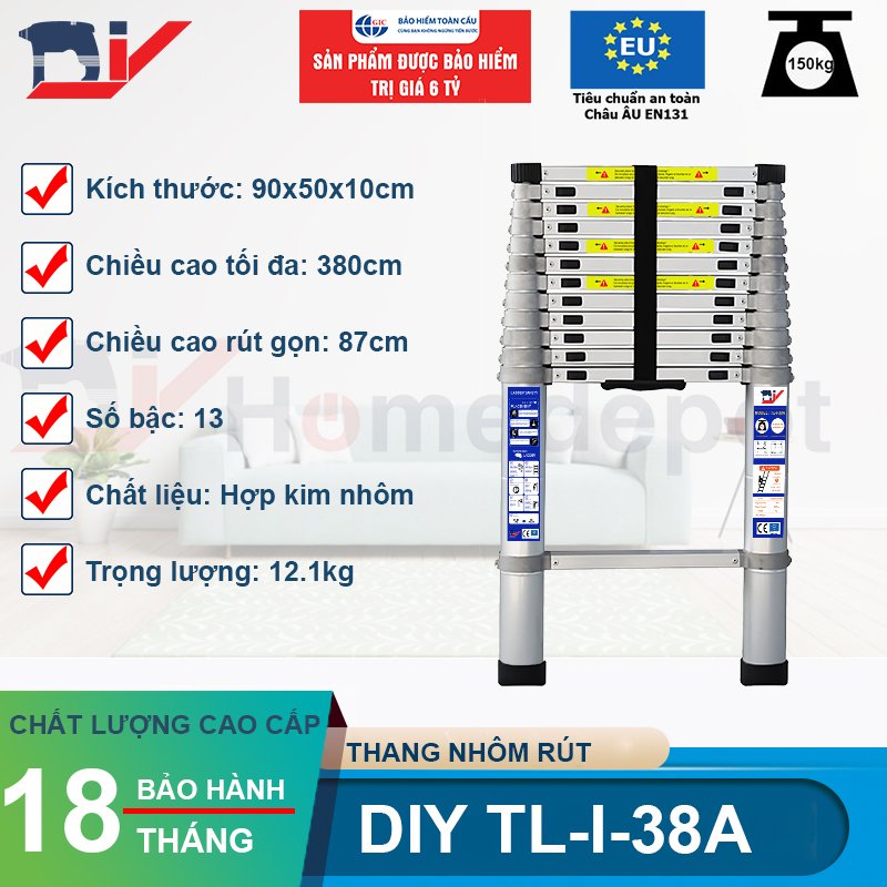 Thang nhôm rút đơn cao cấp DIY TL-I-38A chiều cao sử dụng tối đa 3.8M